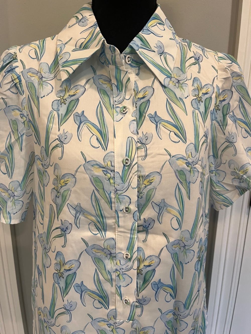 Women's Floral ButtonFront Shirt Dress - OffWhite with Blue & Green Floral Print - Picture 2 of 6